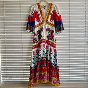 Farm Rio Maxi Dress - White with Pink & Blue Accents Size Small (fits like Med.)